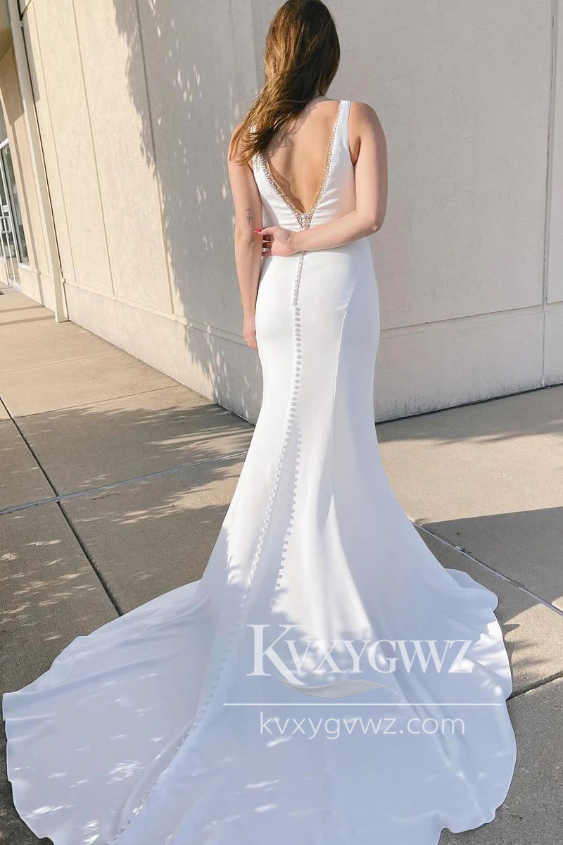 Graceful Mermaid Elastic Satin Long Wedding Dresses Gown with Beading HS721