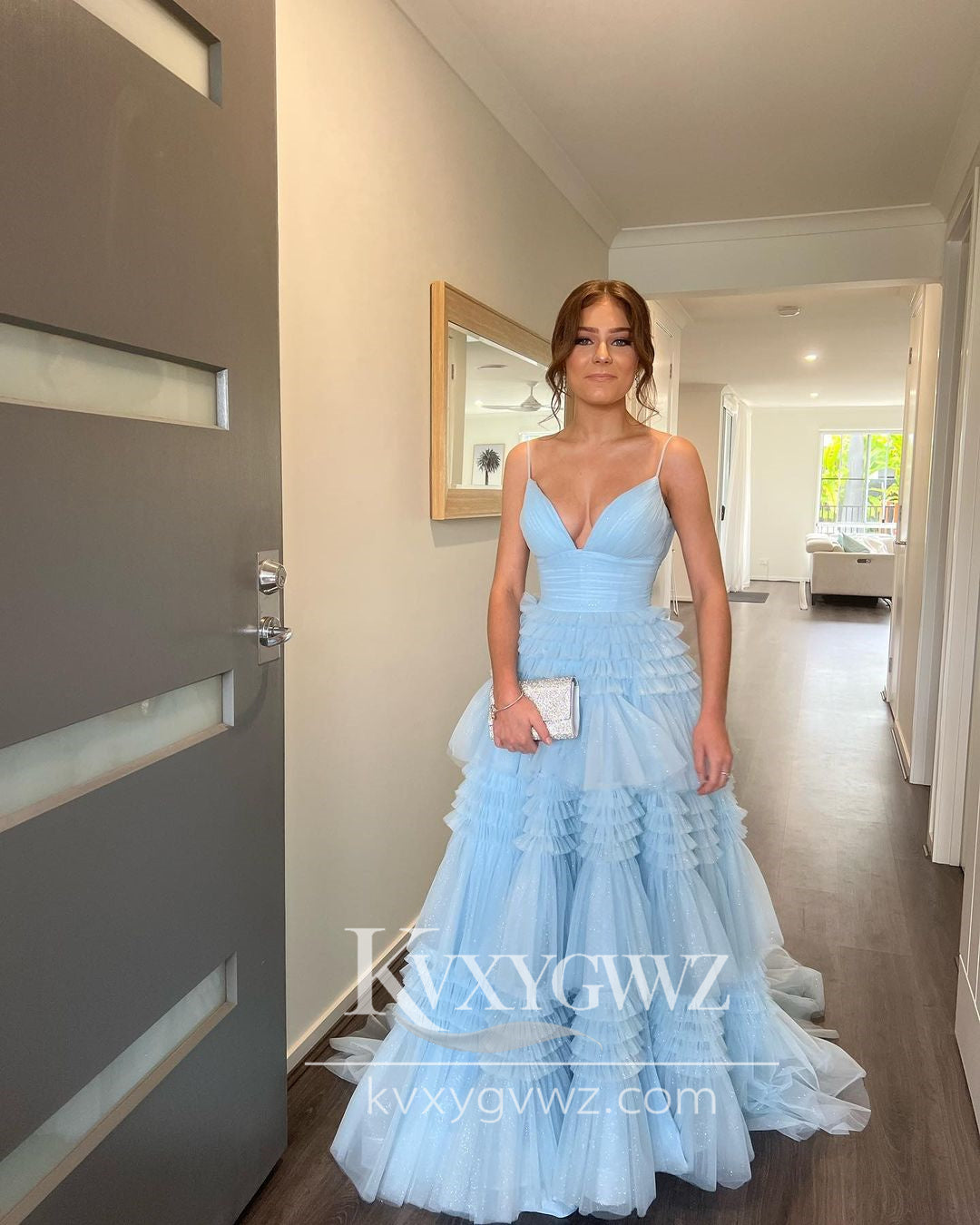 Stunning Ball Gown V Neck Evening Gown Light Blue Ruffle Tiered Tulle Prom Dress LF721