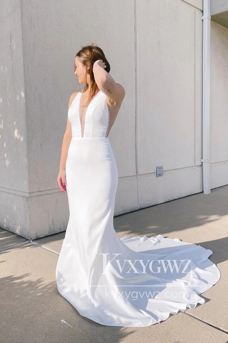 Graceful Mermaid Elastic Satin Long Wedding Dresses Gown with Beading HS721