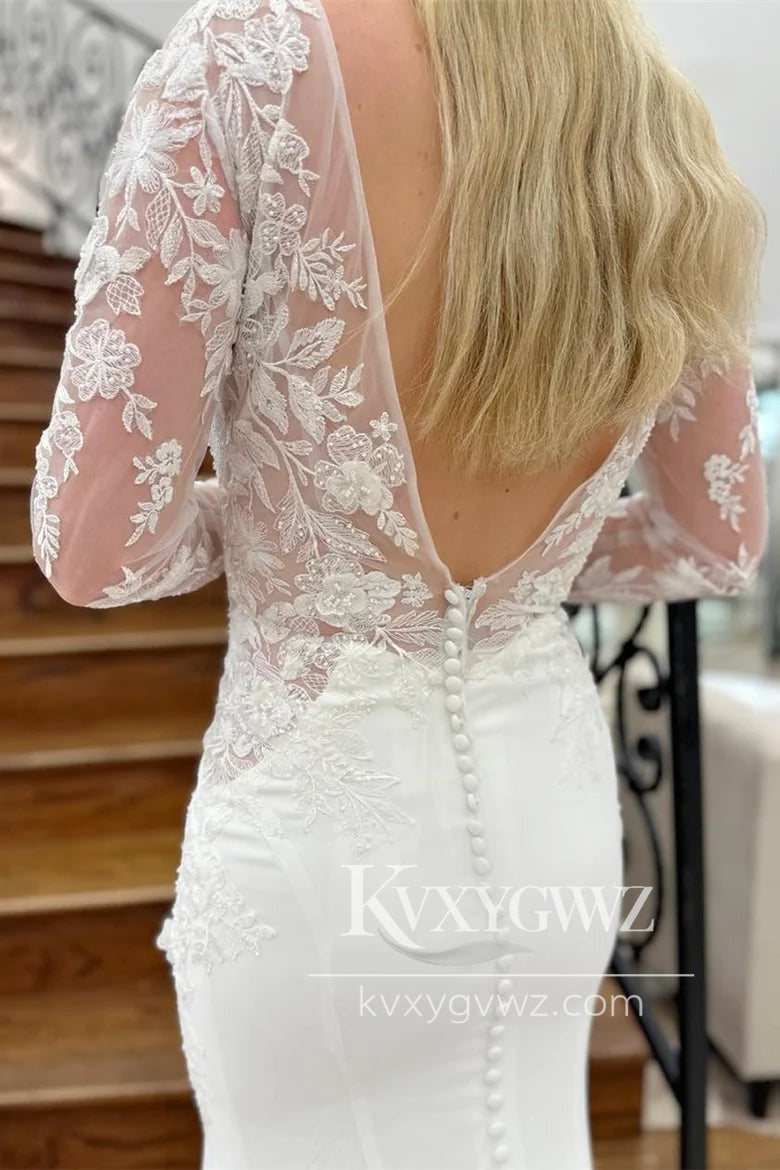 Graceful Mermaid V Neck Elastic Satin Wedding Dresses Gown with Appliques HS722