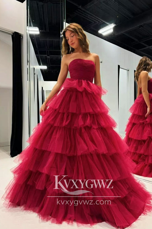 Stunning Ball Gown Strapless Evening Gown Red Tiered Tulle Long Prom Dress LF722