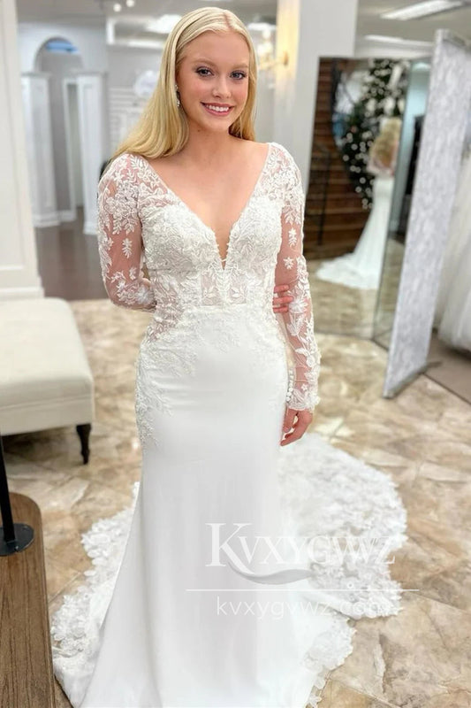 Graceful Mermaid V Neck Elastic Satin Wedding Dresses Gown with Appliques HS722