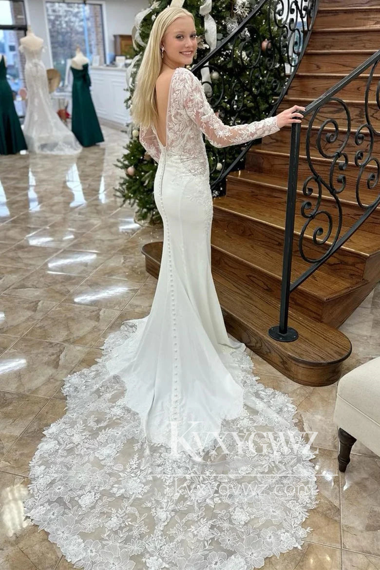 Graceful Mermaid V Neck Elastic Satin Wedding Dresses Gown with Appliques HS722