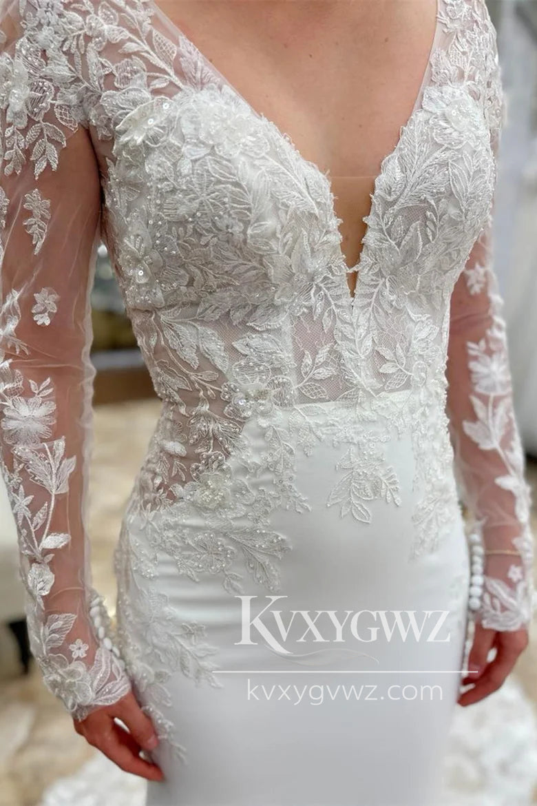 Graceful Mermaid V Neck Elastic Satin Wedding Dresses Gown with Appliques HS722