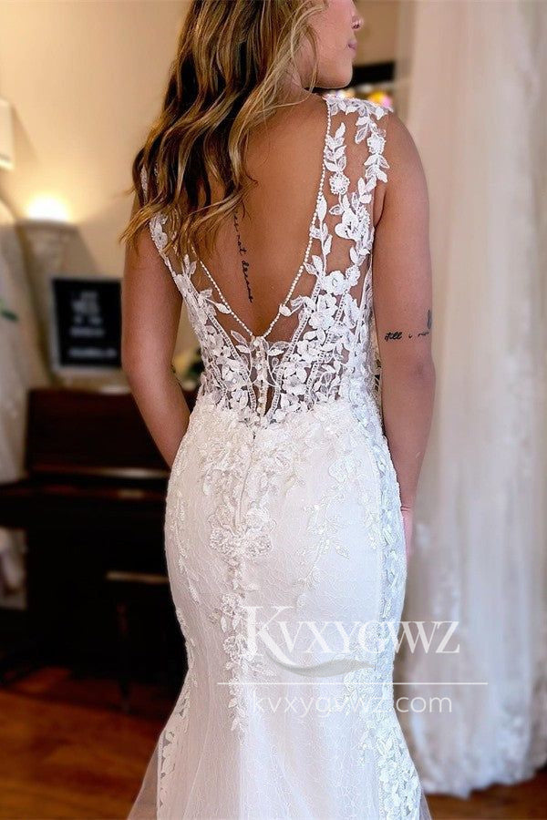 Graceful Mermaid V Neck Lace Long Wedding Dresses Gown with Appliques HS723