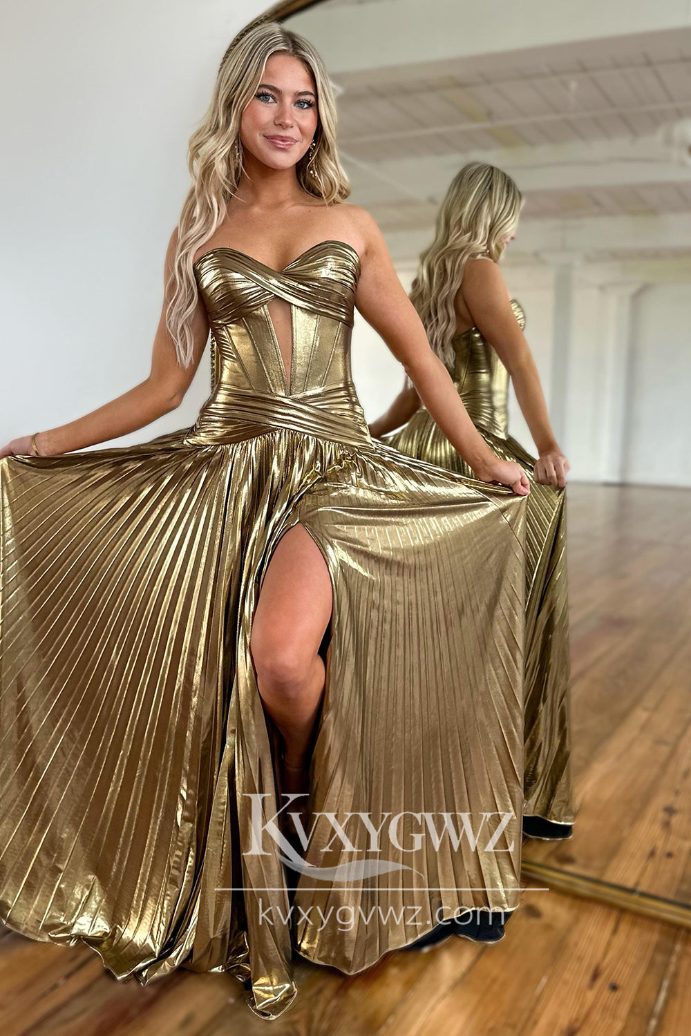 Stunning A Line Sweetheart Evening Gown Gold Pleated Prom Dress with Slit LF723