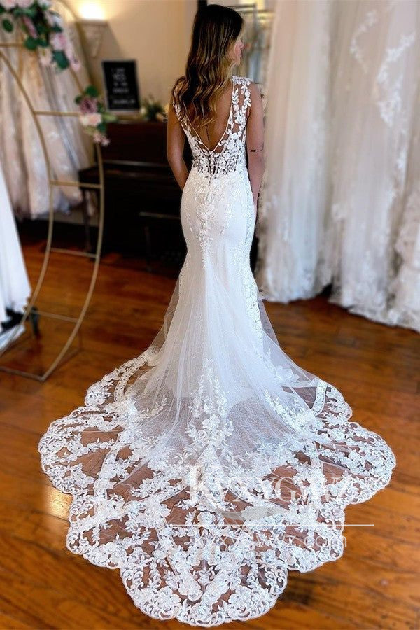 Graceful Mermaid V Neck Lace Long Wedding Dresses Gown with Appliques HS723