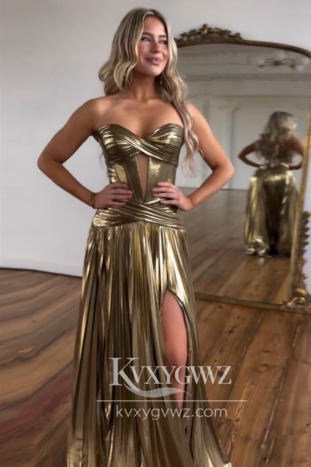 Stunning A Line Sweetheart Evening Gown Gold Pleated Prom Dress with Slit LF723