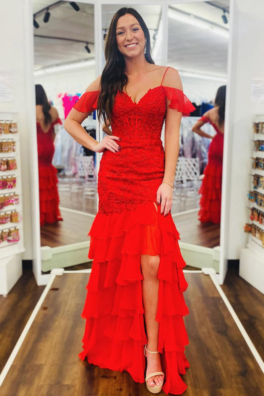 Fairy Mermaid V Neck Red Chiffon Tiered Long Prom Dress Gown with Appliques LF1296