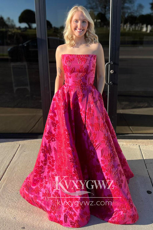 Stunning Ball Gown Strapless Evening Gown Jacquard Satin Red Long Prom Dress with Pockets LF725