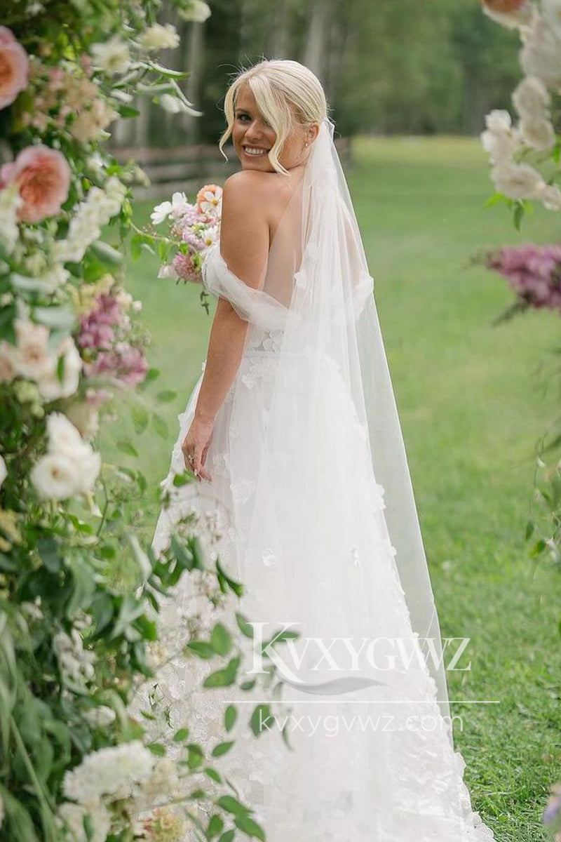 Attractive A-Line Off the Shoulder Tulle Lace Wedding Dresses Gown HS726
