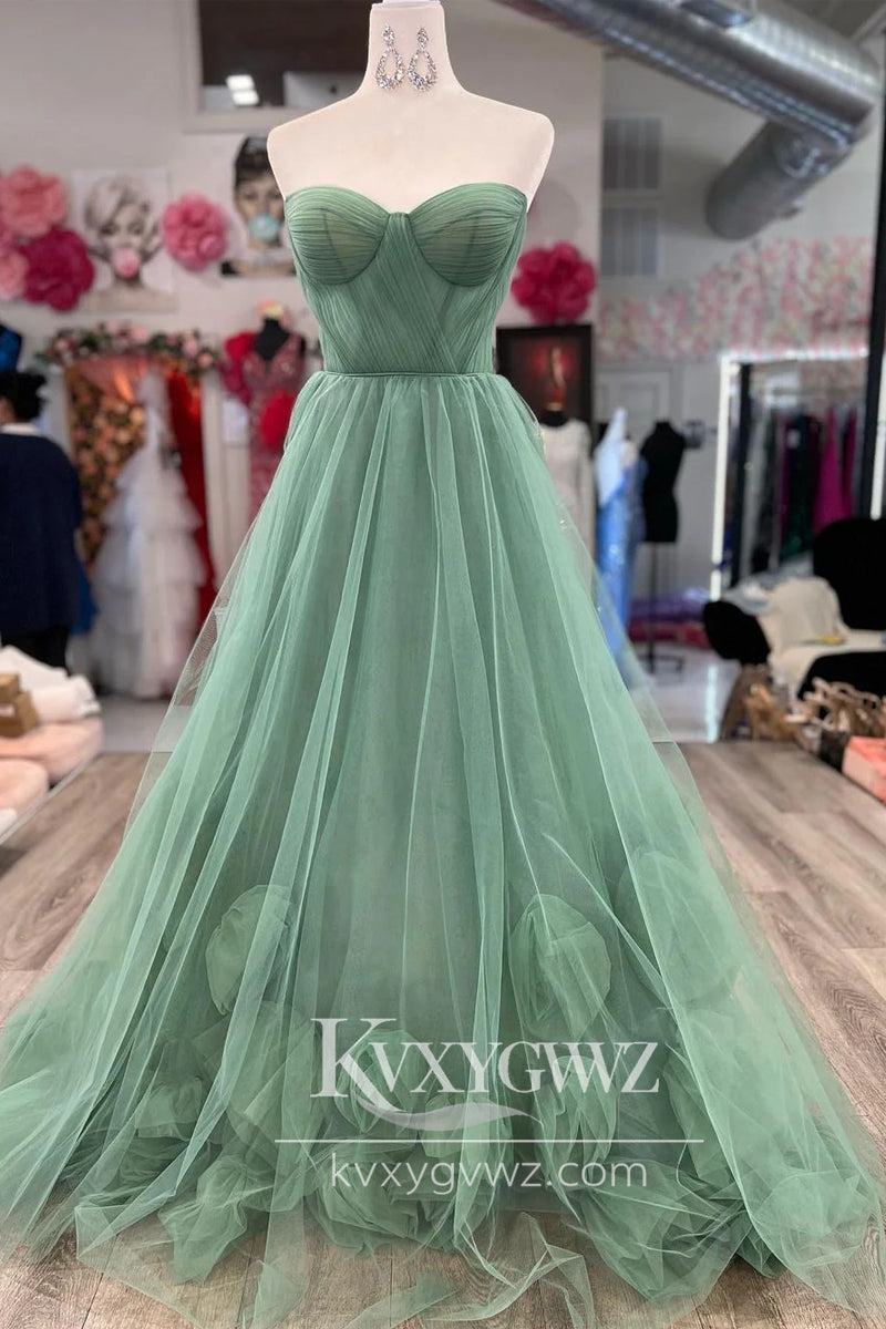Stunning A Line Sweetheart Evening Gown Sage Green Tulle Long Prom Dress LF727