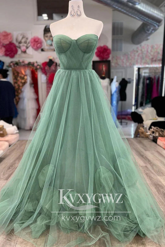Stunning A Line Sweetheart Evening Gown Sage Green Tulle Long Prom Dress LF727