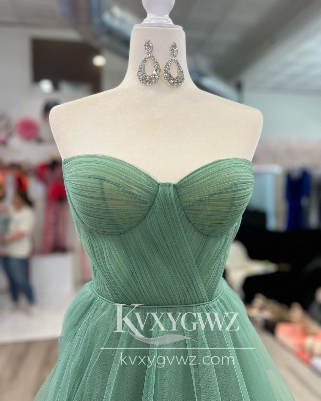 Stunning A Line Sweetheart Evening Gown Sage Green Tulle Long Prom Dress LF727