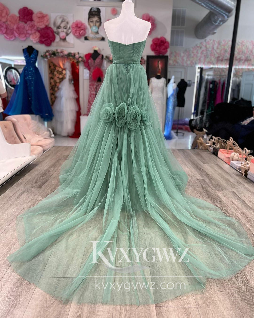 Stunning A Line Sweetheart Evening Gown Sage Green Tulle Long Prom Dress LF727