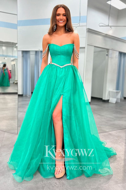 Stunning Ball Gown Strapless Green Tulle Beaded Long Prom Dress Gown with Slit LF728