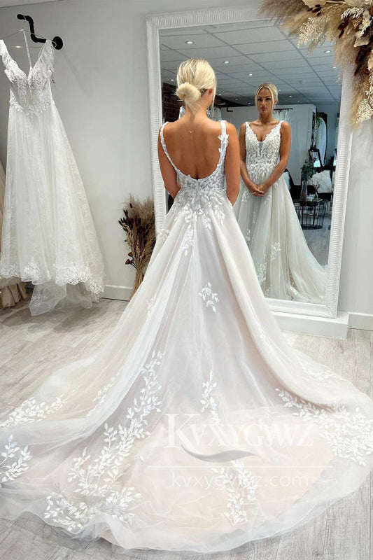 A-Line V Neck Tulle Appliques Wedding Dresses Gown With Sweep Train HS728