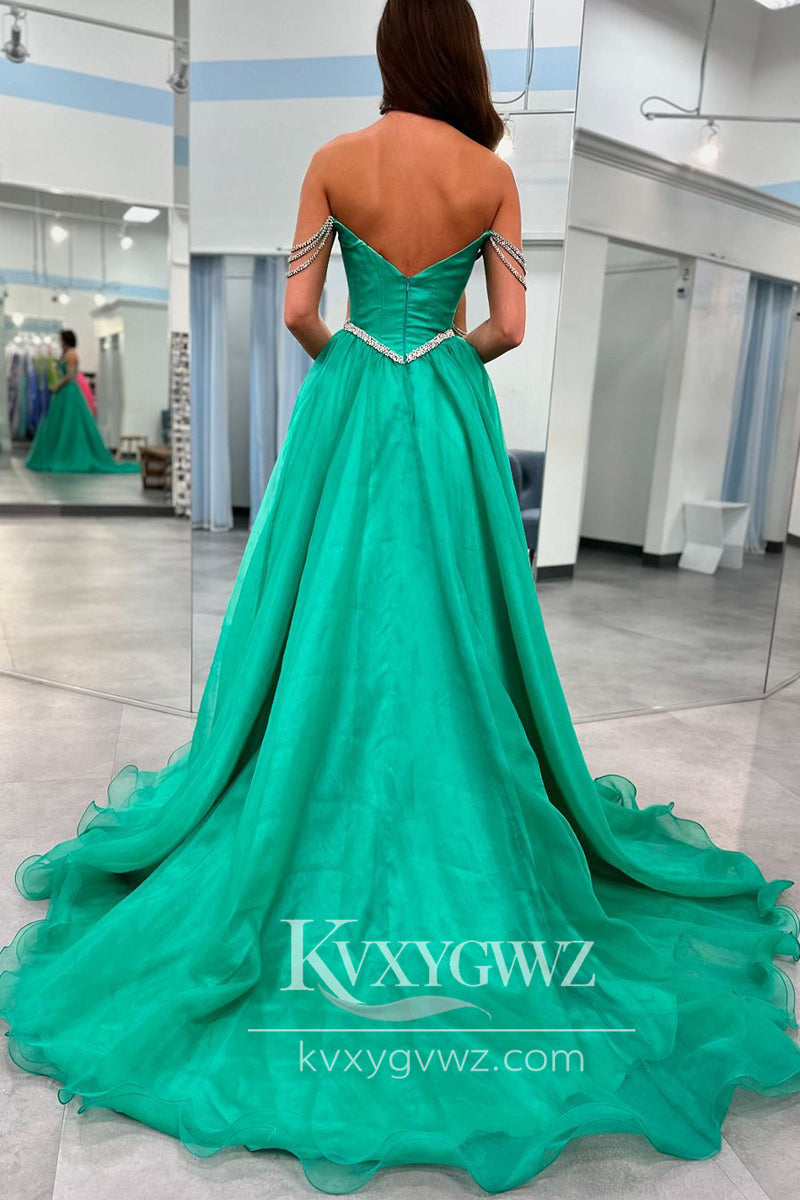 Stunning Ball Gown Strapless Green Tulle Beaded Long Prom Dress Gown with Slit LF728