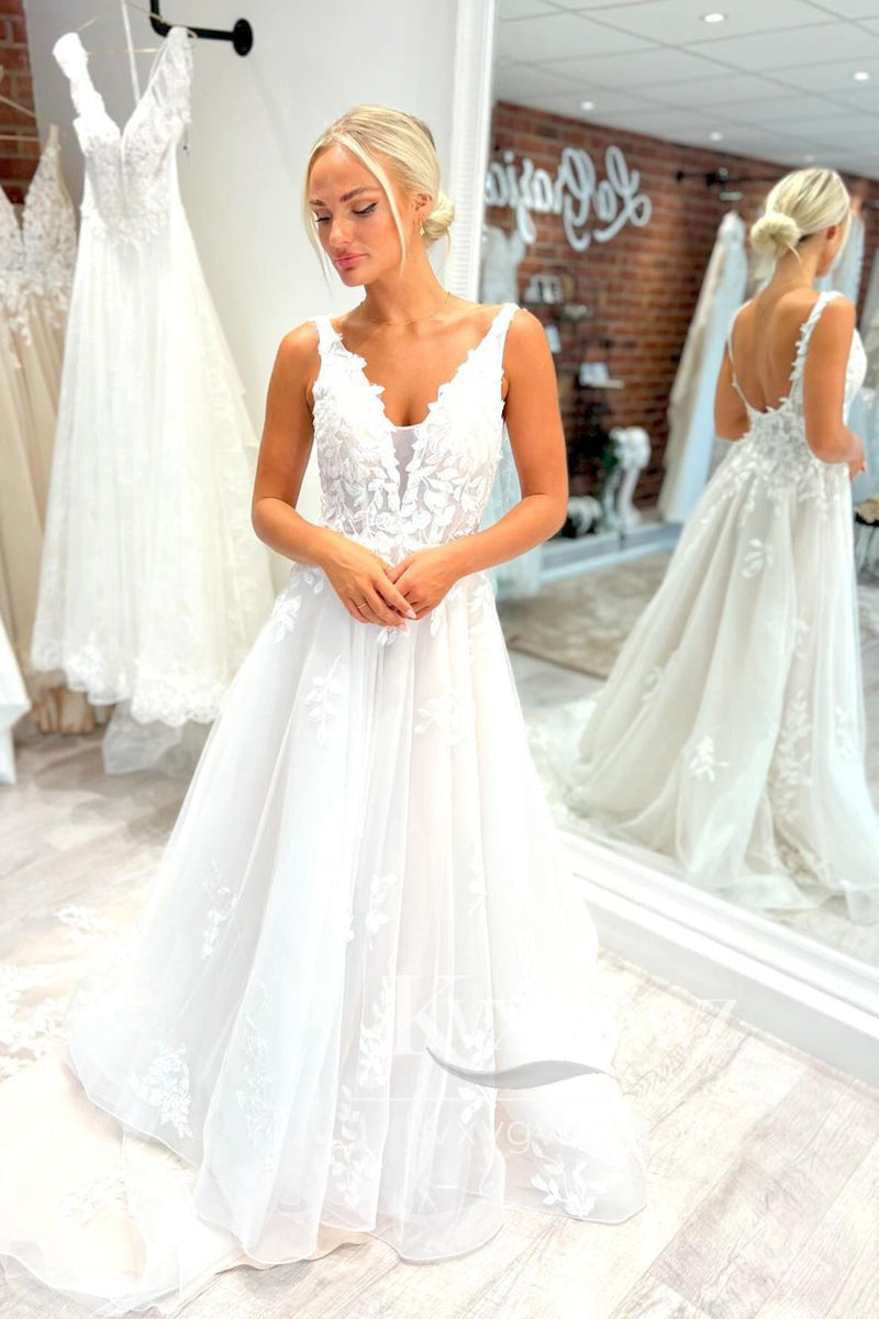 A-Line V Neck Tulle Appliques Wedding Dresses Gown With Sweep Train HS728