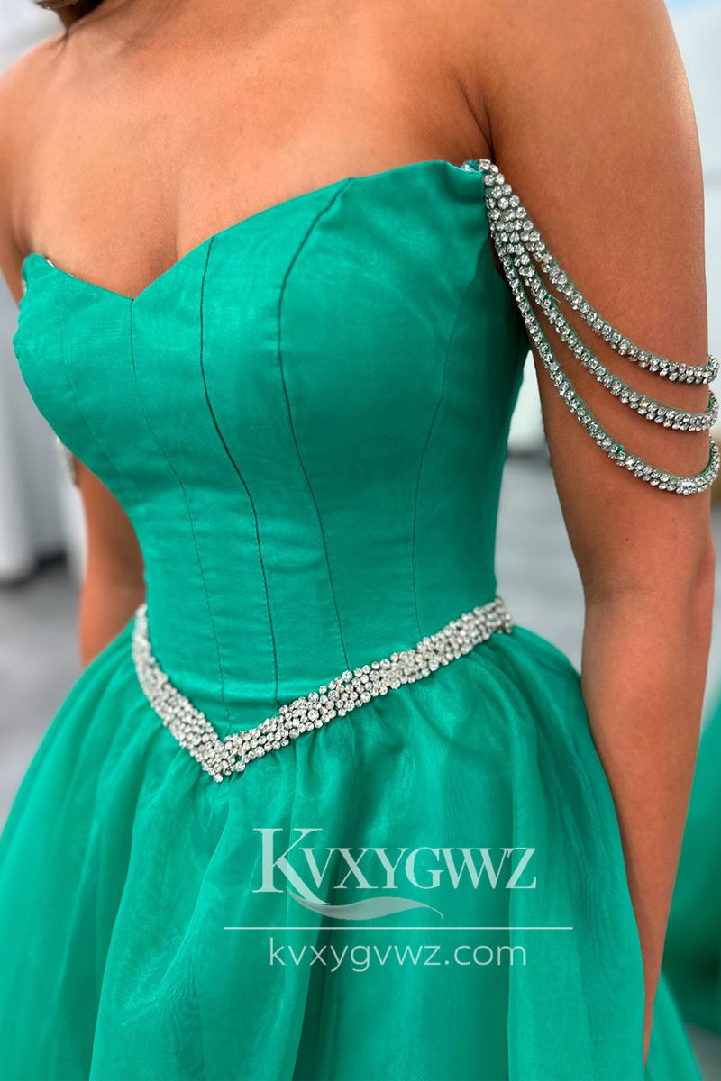 Stunning Ball Gown Strapless Green Tulle Beaded Long Prom Dress Gown with Slit LF728
