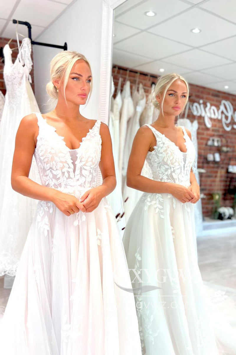 A-Line V Neck Tulle Appliques Wedding Dresses Gown With Sweep Train HS728