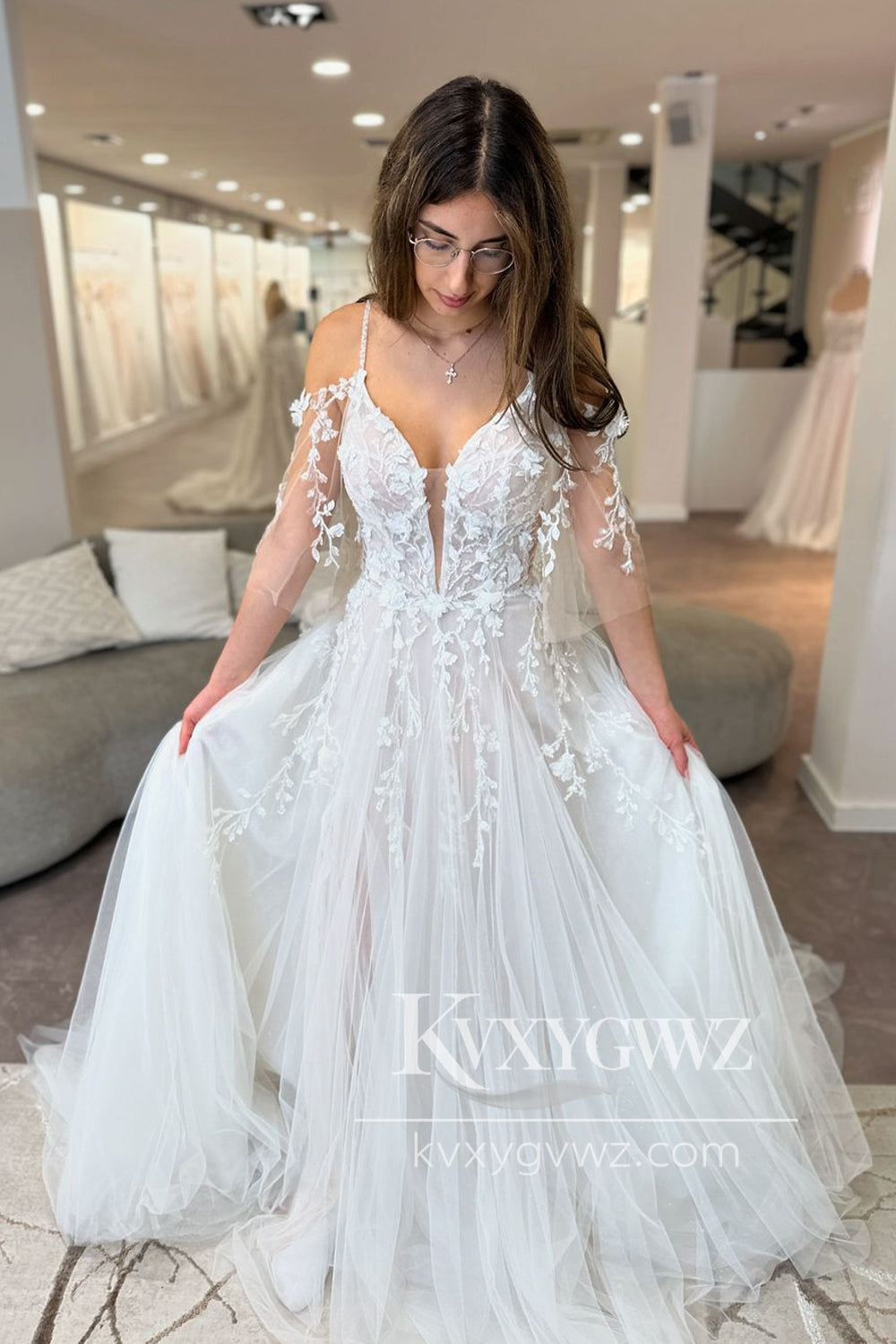Bohemian Spaghetti Strap A Line V Neck Tulle Wedding Dresses Gown with Appliques HS729