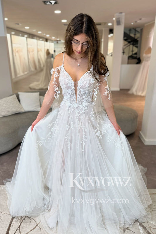 Bohemian Spaghetti Strap A Line V Neck Tulle Wedding Dresses Gown with Appliques HS729