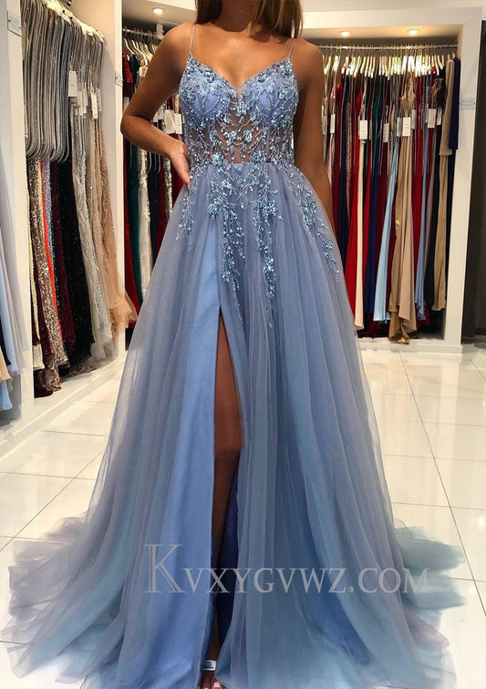Dusty Blue Spaghetti Straps V Neck Appliqued Prom Dress with Slit LF073