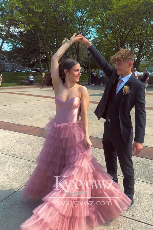 Stunning A Line Sweetheart Evening Gown Pink Tiered Tulle Long Prom Dress LF730