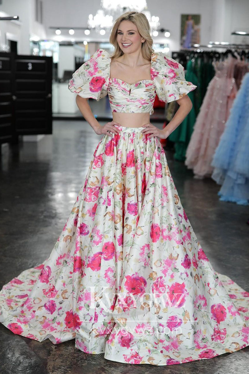 Stunning A Line Two Piece Ruffled Sleeves Evening Gown Floral Printed Satin Long Prom Dress LF731