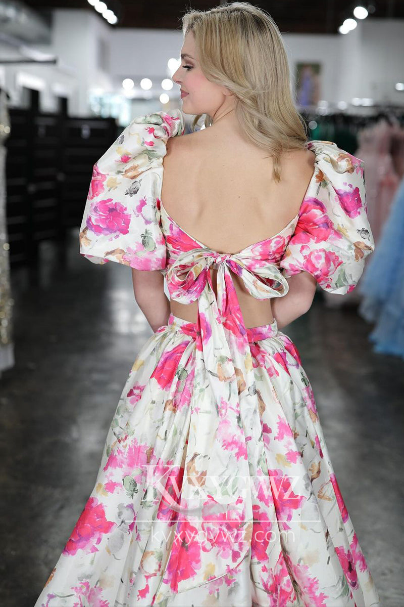 Stunning A Line Two Piece Ruffled Sleeves Evening Gown Floral Printed Satin Long Prom Dress LF731