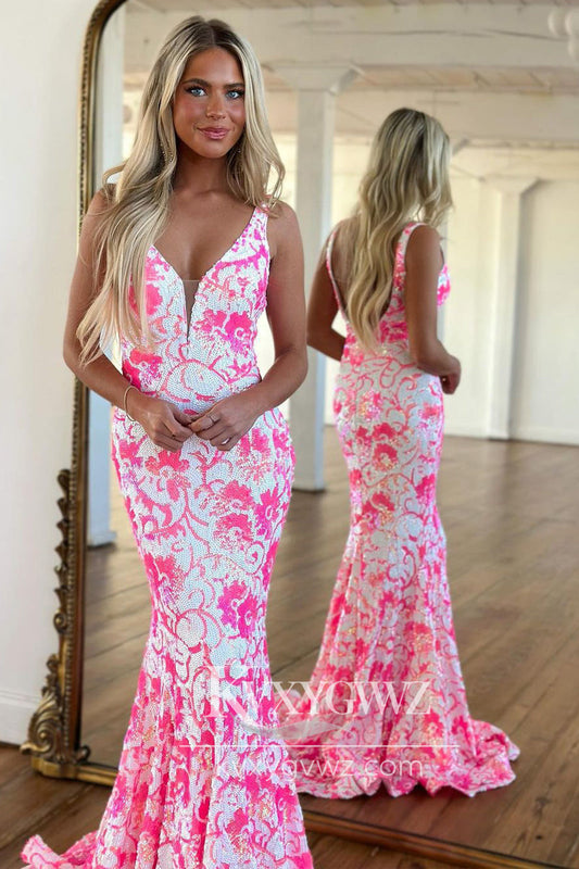 Pretty Pink Deep V Neck Sequin Evening Gown Lace Mermaid Prom Dress LF732