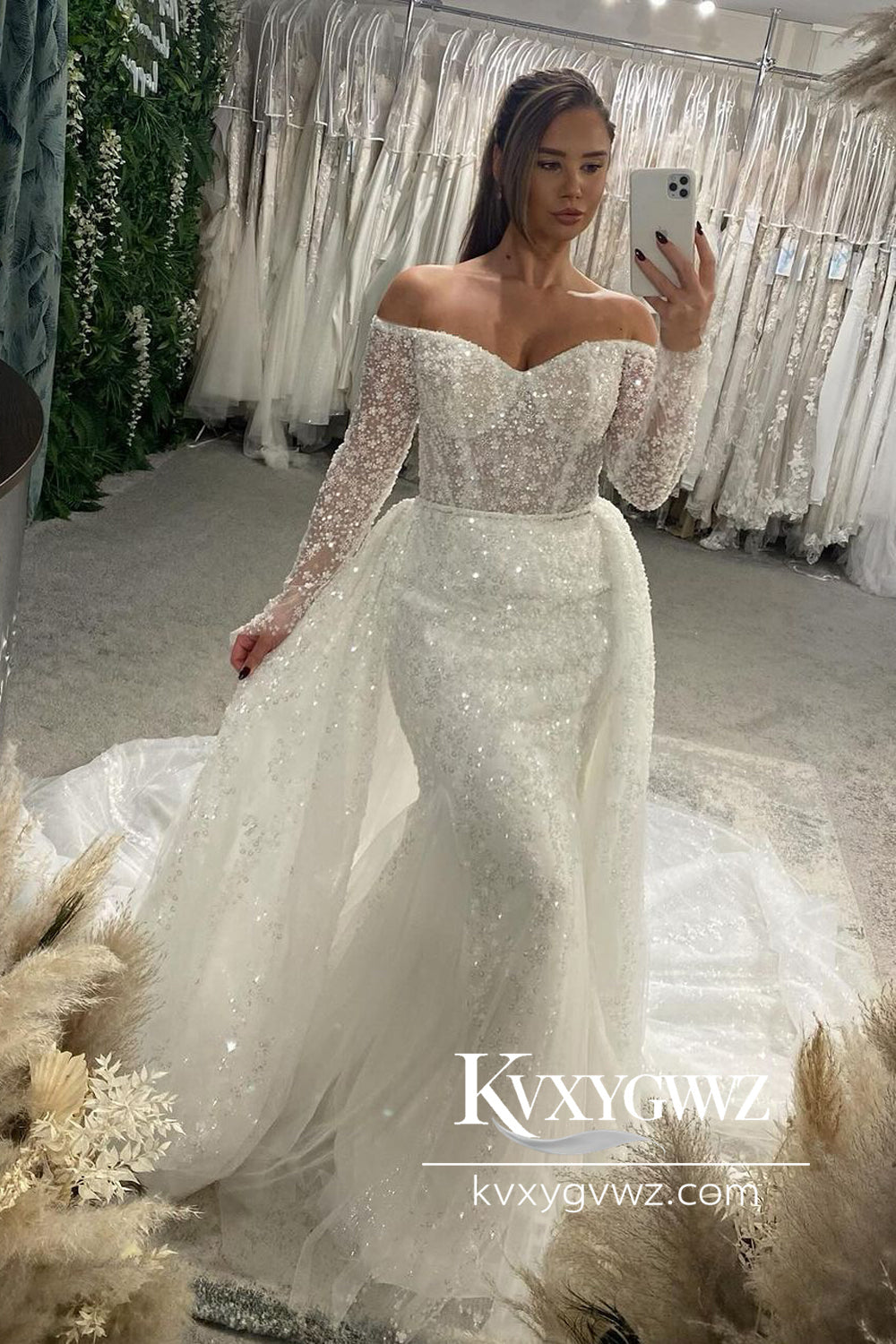 Dazzling Mermaid Off the Shoulder Sequins Lace Wedding Dresses Gown with Sleeves HS732