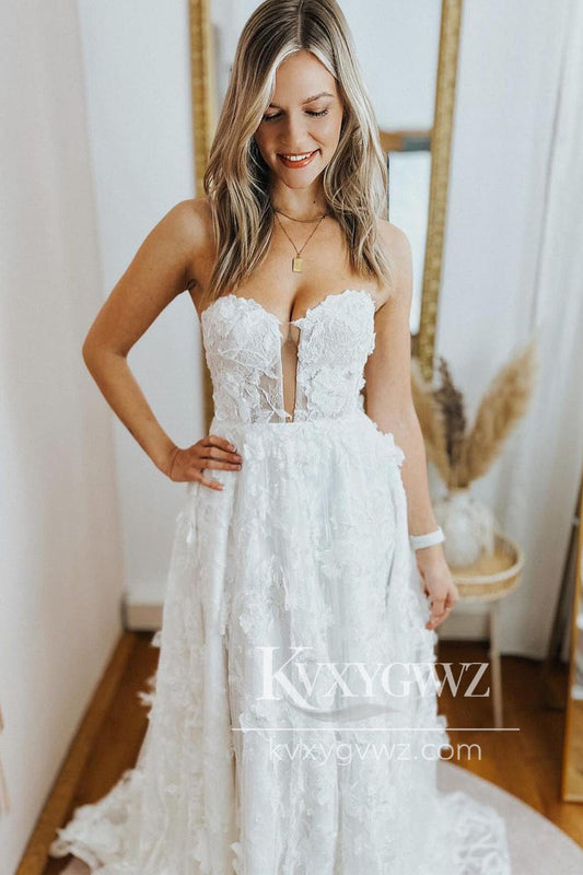 A-Line Sweetheart White Lace Wedding Dresses Gown with Straps HS731