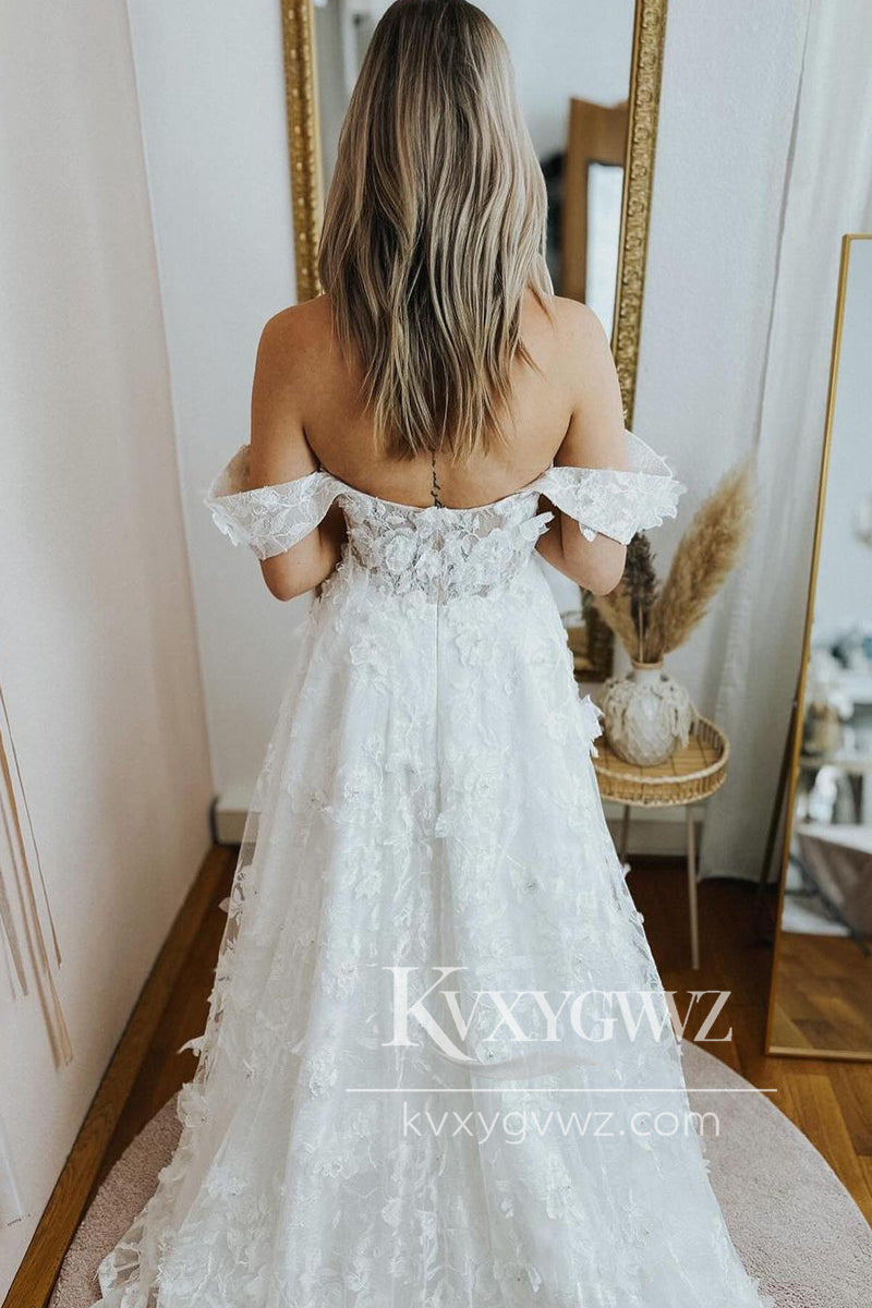 A-Line Sweetheart White Lace Wedding Dresses Gown with Straps HS731