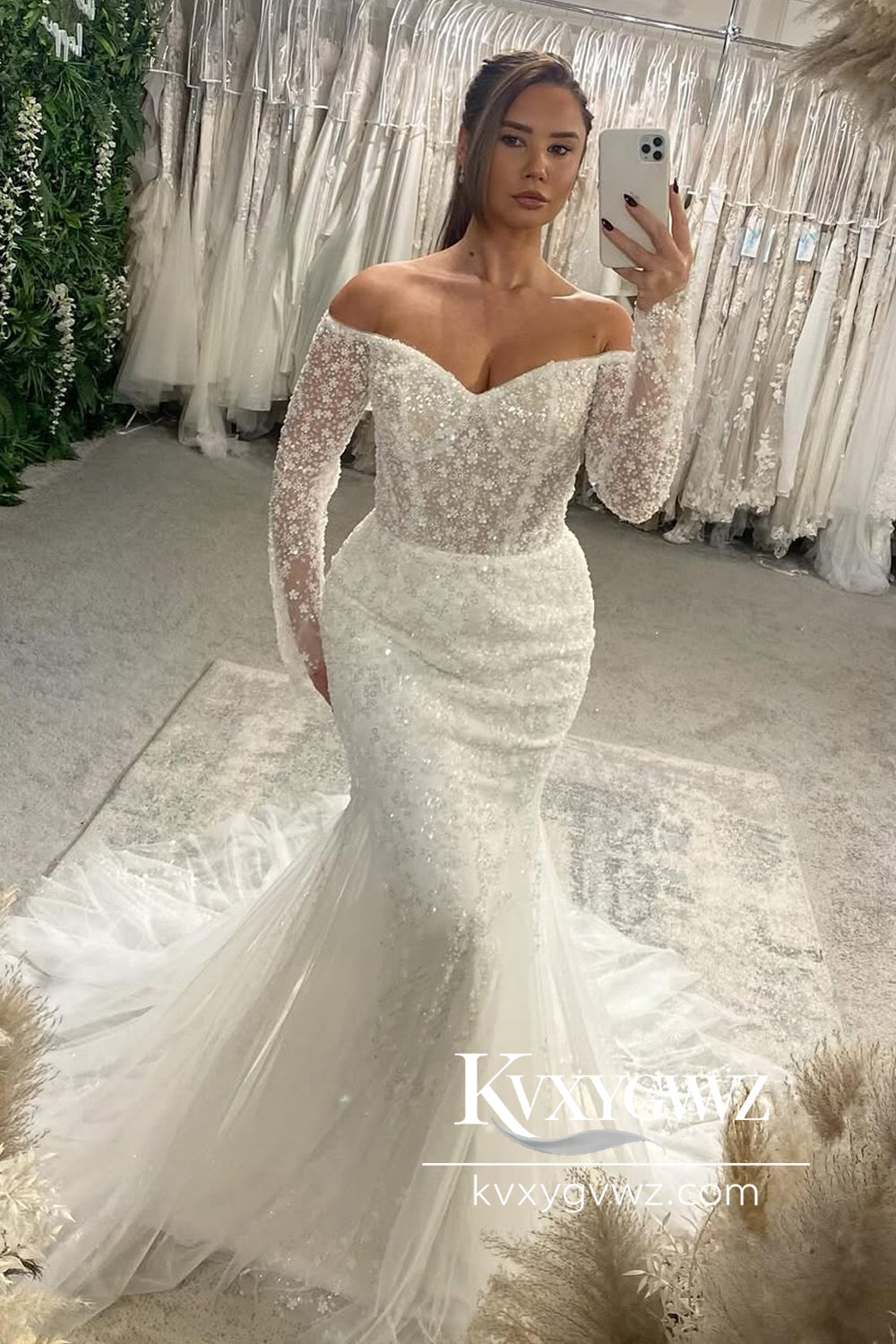 Dazzling Mermaid Off the Shoulder Sequins Lace Wedding Dresses Gown with Sleeves HS732