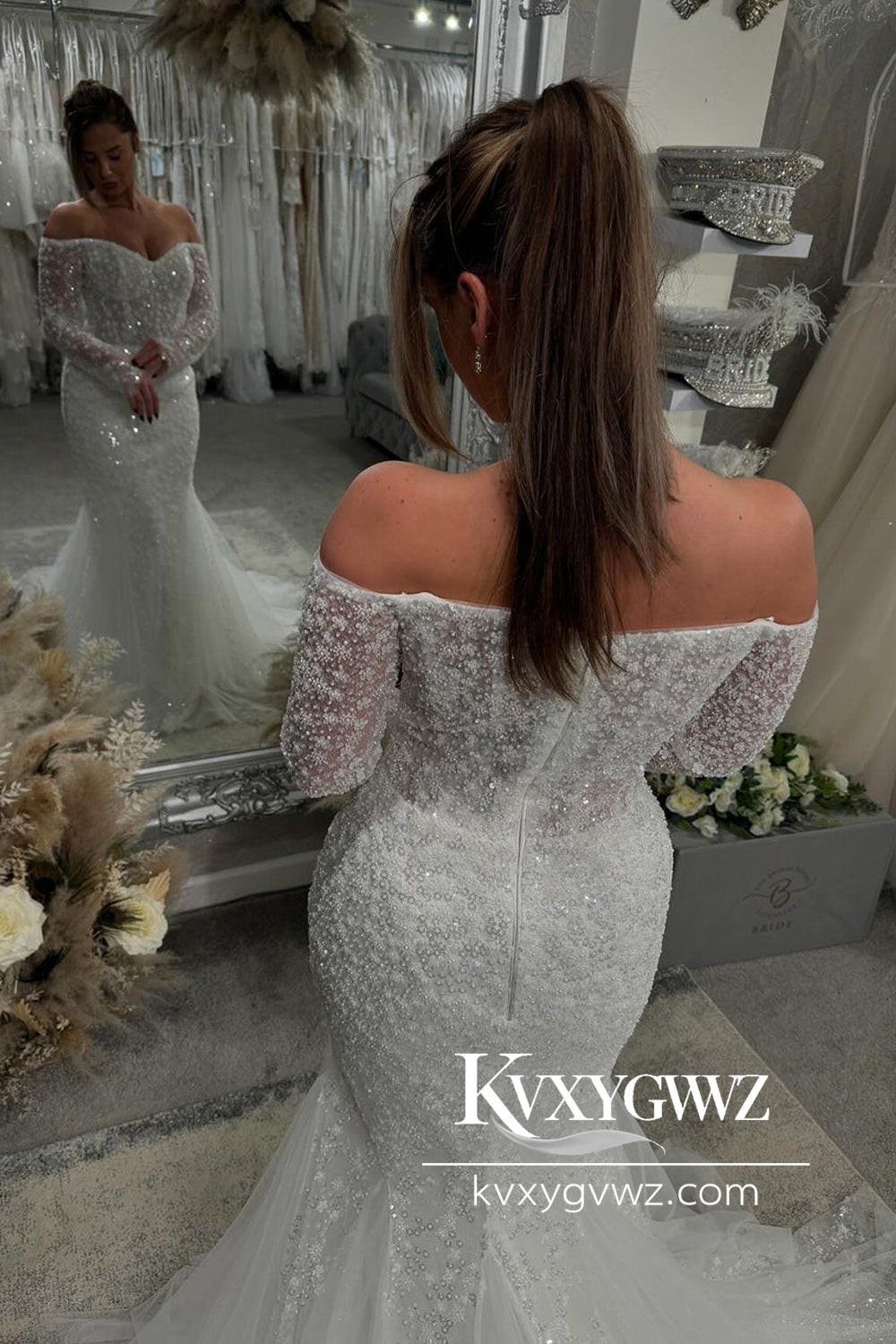 Dazzling Mermaid Off the Shoulder Sequins Lace Wedding Dresses Gown with Sleeves HS732