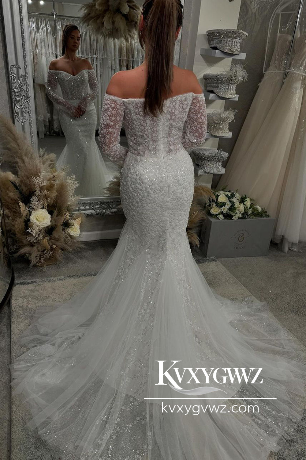 Dazzling Mermaid Off the Shoulder Sequins Lace Wedding Dresses Gown with Sleeves HS732