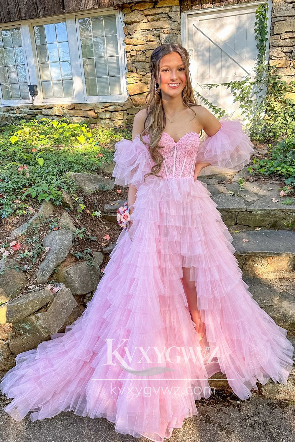 Stunging A Line Sweetheart Evening Gown Pink Tiered Tulle Prom Dress with Slit LF734