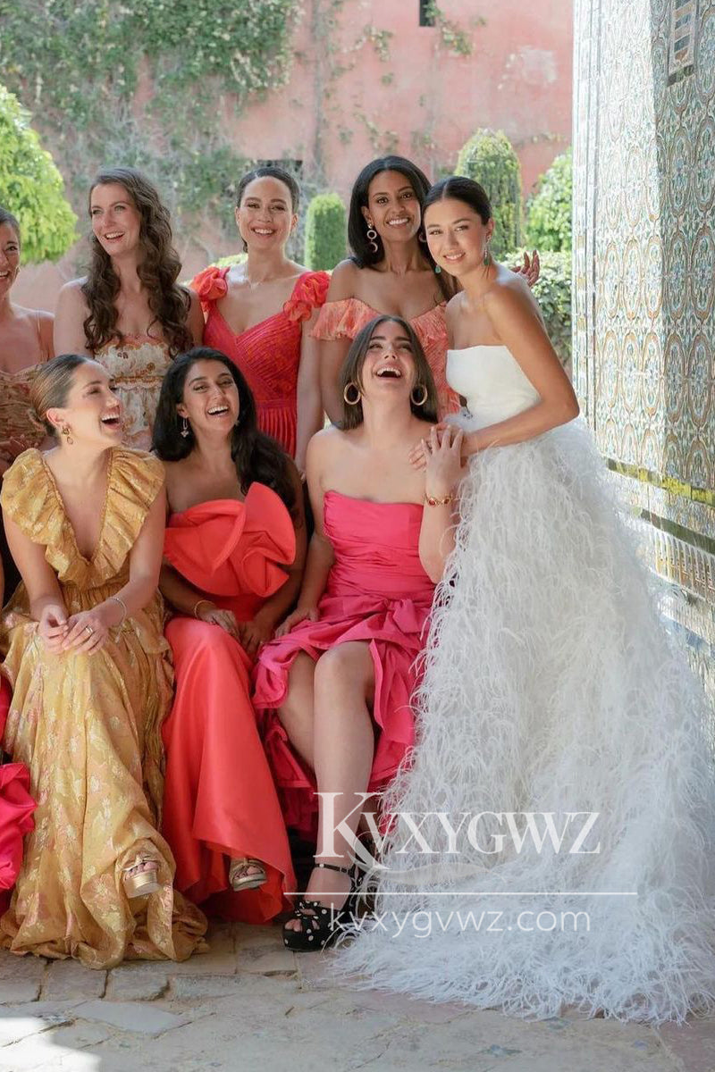 A-Line Strapless Satin Wedding Dresses Gown with Feather HS734