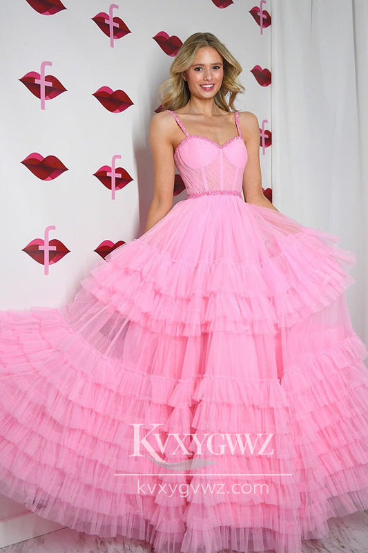 Stunning A-Line Sweetheart Evening Gown Pink Ruffle Tiered Tulle Long Prom Dress LF735