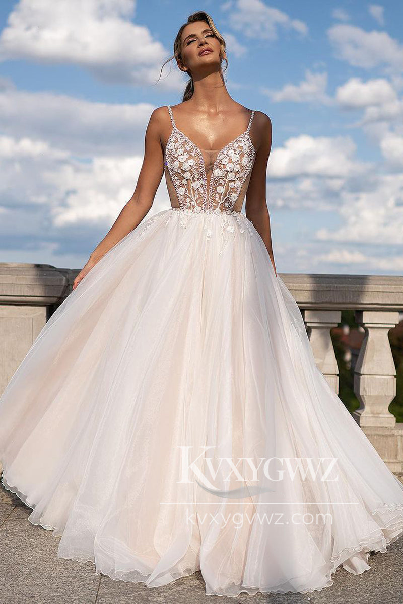 A-Line Spaghetti Strap V Neck White Beaded Wedding Dresses Gown HS735