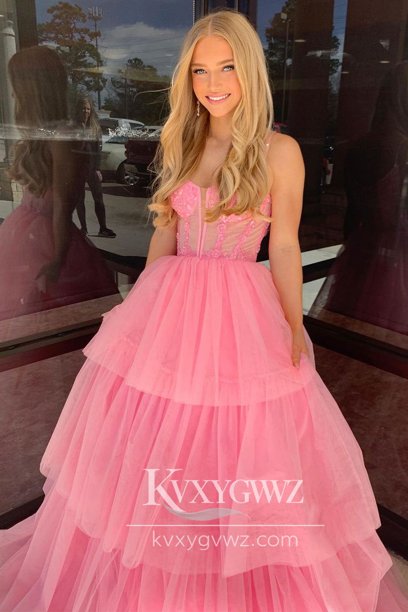 Stunning A-Line Pink Evening Gown Tiered Tulle Long Prom Dress LF736