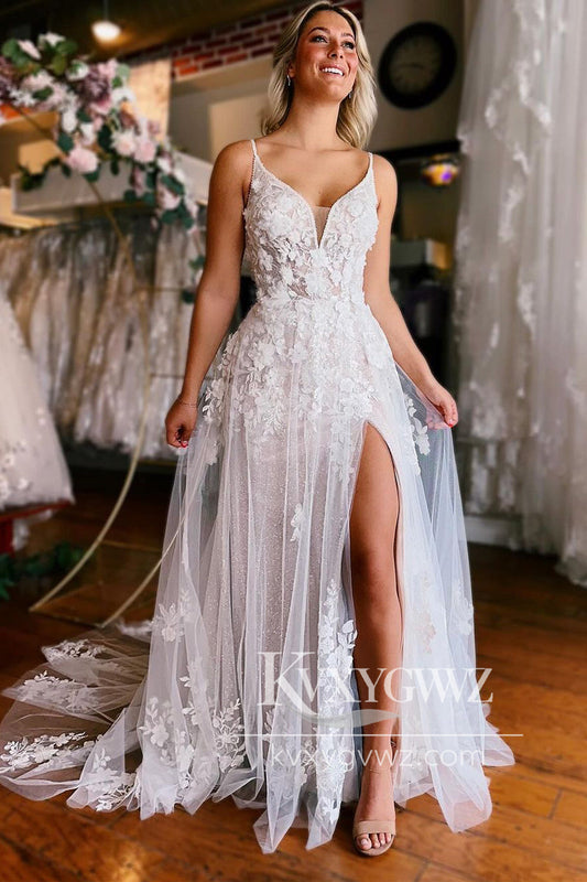 Spaghetti Strap A-Line V Neck White Tulle Wedding Dresses Gown with Appliques HS736