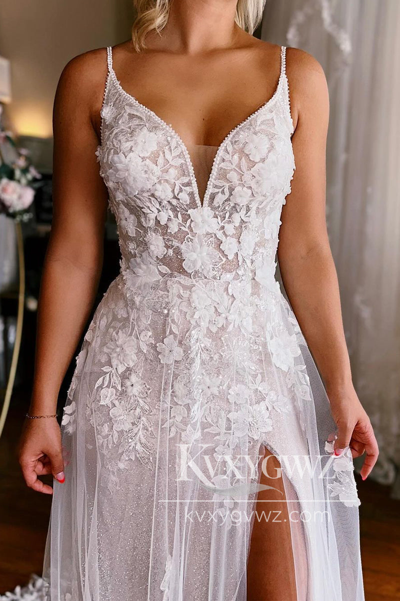 Spaghetti Strap A-Line V Neck White Tulle Wedding Dresses Gown with Appliques HS736
