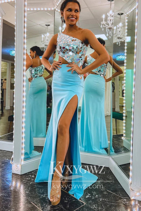 Stunning Mermaid One Shoulder Evening Gown Blue Elasitc Satin Slit Prom Dress with Beaded LF737