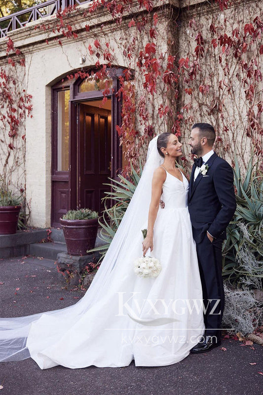 A-Line White Satin Spaghetti Straps Backless Wedding Dresses Gown HS737