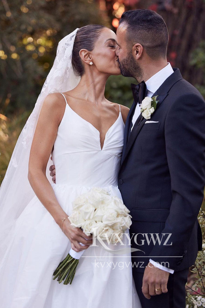 A-Line White Satin Spaghetti Straps Backless Wedding Dresses Gown HS737