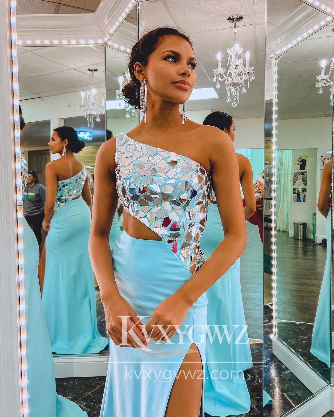 Stunning Mermaid One Shoulder Evening Gown Blue Elasitc Satin Slit Prom Dress with Beaded LF737