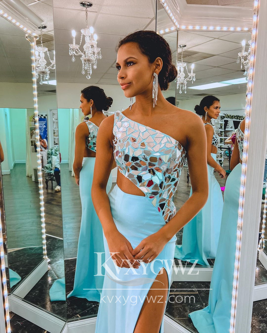 Stunning Mermaid One Shoulder Evening Gown Blue Elasitc Satin Slit Prom Dress with Beaded LF737